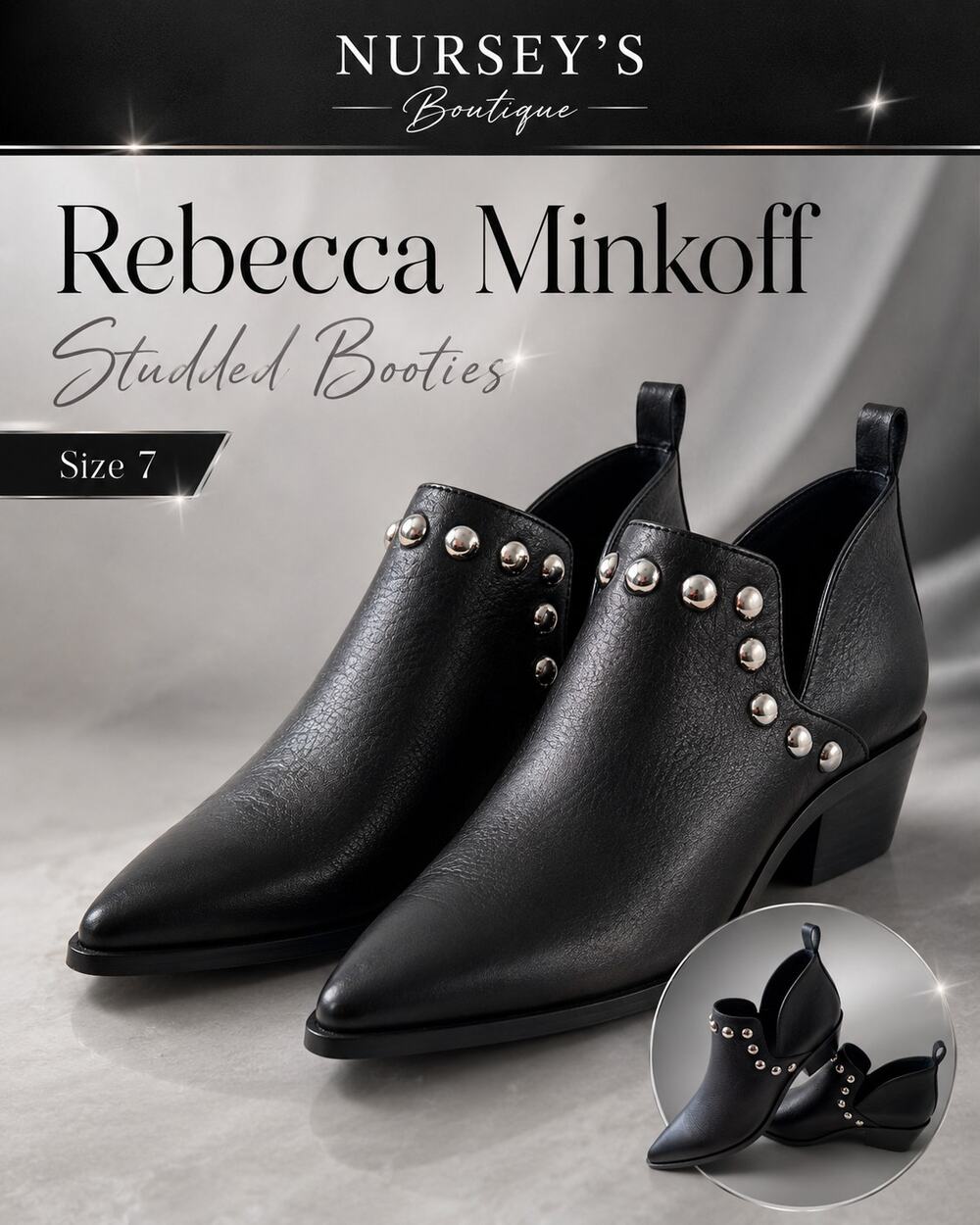 Rebecca Minkoff Black Leather Studded Pointed Toe Ankle Booties 7